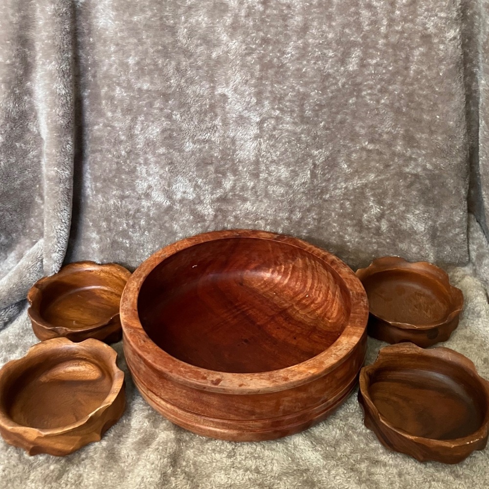 Monkey Pod Style Wood Salad Bowl Set 5pc Brown Hand Carved Scalloped Vintage